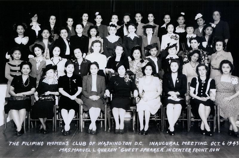 Group of women sitting for a formal photograph labeled Filipino Womens Club of Washington D.C. Inaugural Meeting Oct. 6, 1943
